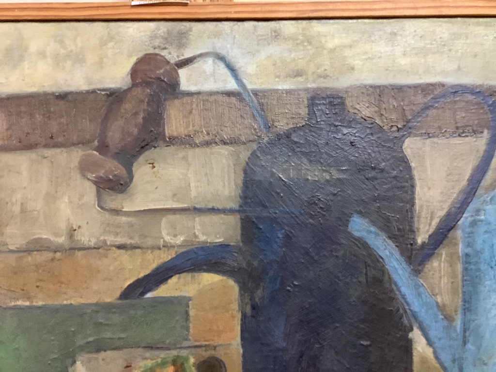 Continental School, oil on canvas, Still life with guitar and lantern, 86 x 86cm
